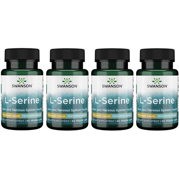 Swanson Ajipure L-Serine - Amino Acid Supplement Supporting Brain Health & Nervous System Function - Natural Formula Promoting Cognitive Function - (60 Veggie Capsules, 500mg Each) 4 Pack