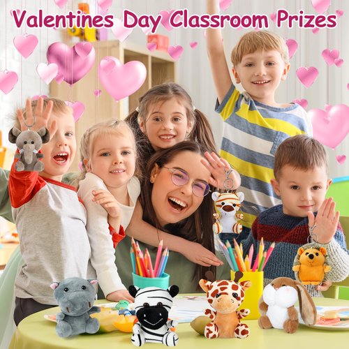 12 Pcs Valentines Day Gifts for Kids Classroom, Small Stuffed Animals Bulk, Mini Stuffed Animals, 4 Inch Safari Stuffed Animals, Valentine Gift Exchange for Boys Girls Toddlers