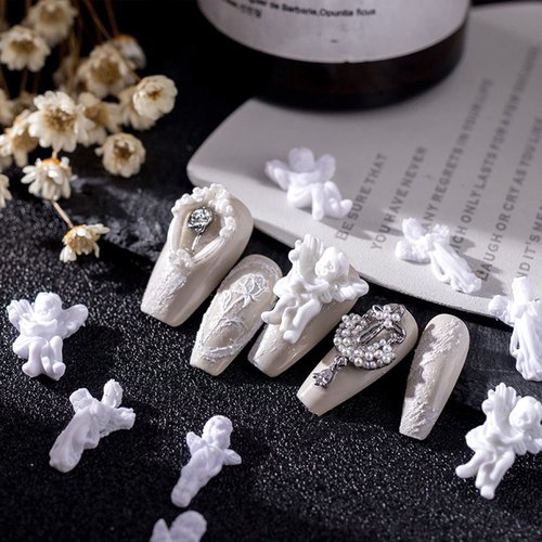 WOKOTO 90PCS White Embossed Angel Nail Charms For Acrylic Nails 3D Angel Baby Nail Art Charms Retro Baroque Cupid Designs Nail Art Accessories Jewelry Decorations For Women Nail Supplies