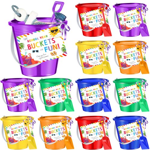 Gemscream 12 Set End of Year Student Gifts 5'' Sand Bucket with Beach Pails Postcards Ribbons for Summer Vacation Plastic Buckets Fun Water Bucket Summer Party Accessory for Pool Outdoor, 6 Colors