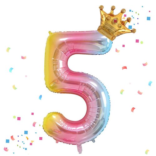 40 Inch Rainbow Gradient Number 5 & Mini Crown Balloon for Birthday Party Decorations, 5th Birthday Party Decorations, Baby Shower Anniversary Balloons Decorations Supplies