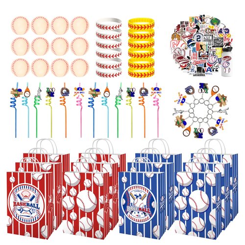 ENERFLAT Baseball Party Favors - 12 Pack Baseball Gifts Set with Goodie Bags, Straws, Keychains, Mini Balls, Bracelets & Stickers for Baseball Team Celebrations