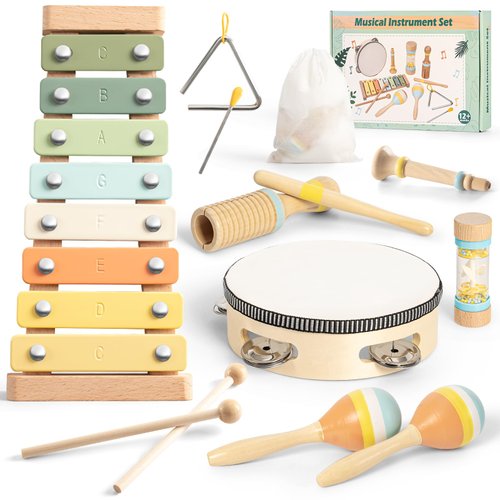 Musical Instruments for Toddlers 1-3, Neutral Colors Wooden Baby Instruments Toys for Boys and Girls, Kids Musical Instruments to Explore Sound Through Play for Preschool Educational Birthday Gifts