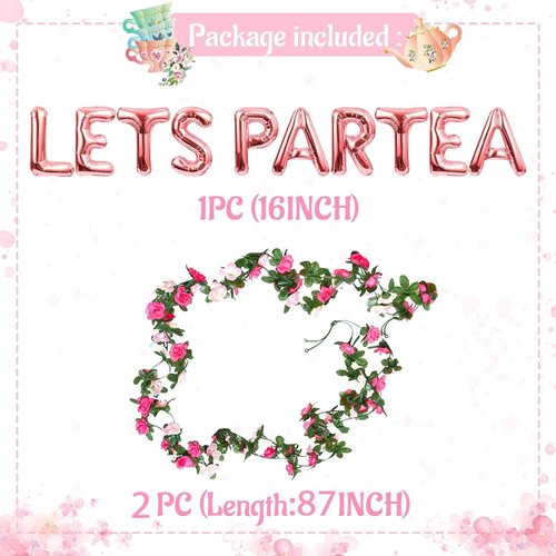 LaVenty 12 PCS LET'S PAR TEA Balloons Tea Party Birthday Banner Tea Party Decorations Lets Par-Tea Party Decor Par Tea Baby Shower Par Tea First Birthday Decoration Flower Garland(180inch)