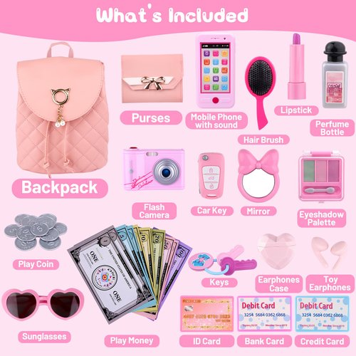 Gifts2U Backpack Purse Play Set, Backpack Purse Toys for Ages 3 4 5 6, My First Purse Toy with Camera, Earphone, Smartphone, Makeup Set, Sunglasses, Wallet, Car Keys, Credit Cards and Play Money