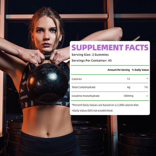 Novomins Creatine Monohydrate Gummies 5000mg for Men & Women, Chewables Creatine Monohydrate for Muscle Strength, Muscle Builder, Energy Boost, Pre-Workout Supplement(90 Count)-Blueberry flavor.
