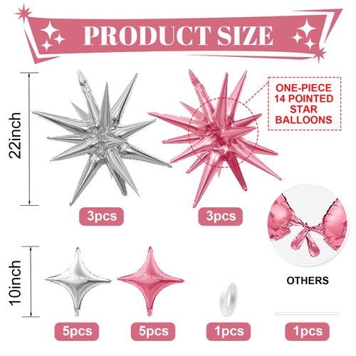 Pink Silver Star Balloons,Explosion Star Balloons Kit with 6Pcs 22Inch Cone Star Foil Balloons and 10Pcs 10Inch Four Pointed Star Balloons for Birthday Anniversary Disco Party Decorations