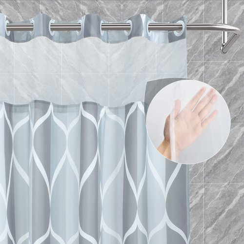 YIATN No Hook Grey Shower Curtain with Snap in Fabric Liner Set - Hotel Style with See Through Mesh Top Window, Modern Geometric Waterdrop Design,Water-Repellent & Washable, 71x74 INCH