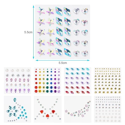 URAQT Face Gems Glitter, 9 Sheets Face Rhinestones Mermaid Jewels Face Stickers Set, Self-adhesive Crystal Rainbow Diamonds Eyes Face Body Temporary Tattoos for Women Makeup Party Decorations