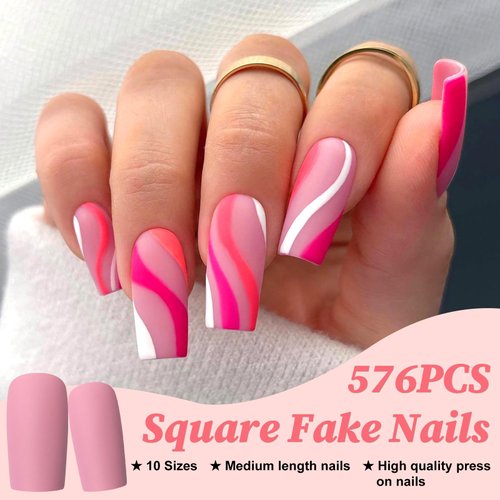 LoveOurHome 576pc Square Press on Nails Medium Fake Nails Tips Full Cover Matte Maedium Acrylic Nails Press ons Nail Colored False Square Artificial Fingernails 24 Colors 10 Sizes for Women Girls