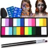 Face Painting Kit - Professional Rainbow Split Cake for Body & Face Makeup, Water Activated, 8 x 10g, with Stickers, Brushes, Sponges, for Halloween, Christmas, Easter, Parties