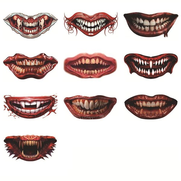 Halloween Tattoo Stickers, 10 Styles Halloween Prank Makeup Temporary Tattoo Clown Horror Mouth Face Tattoo Sticker Decals Prank Props for Halloween Cosplay Party DIY Decorations
