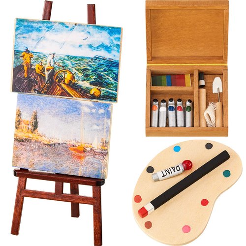 Skylety 3 Pieces 1:12 Miniature Dollhouse Painting Tool Accessories Set Wooden Easel Oil Painting Furniture Decoration Miniature Palette Watercolor Box Miniature Dollhouse Furniture Painting for Dolls