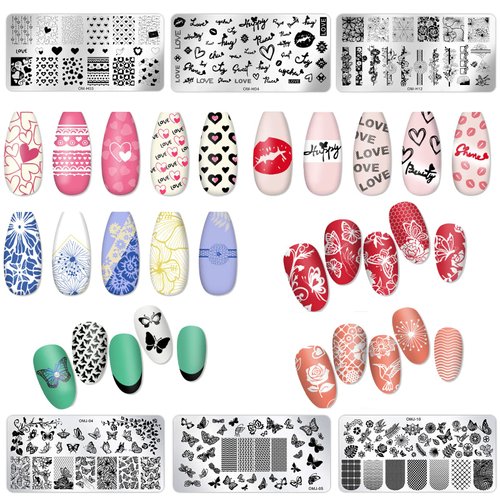 LoveOurHome Valentine Nail Stamping Kit 7pc Flower Butterfly Geometric Nails Stamping Plate Stencil with Silicone Stamper Scraper Stamp tools for Women Girls Kids