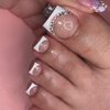 Press on Toenails Rhinestone Fake Toenails French Tip Full Cover Acrylic Toenails Glue on Toenails with Glitter Designs White Nail Tips Glossy Pink False Toenails Toe Nails for Women Girls