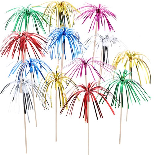 Tecunite 100 Pieces Firework Cupcake Toppers Foil Frill Toothpicks Holiday Cake Decorations 9 Inch Food Picks for Graduation Halloween Party Favors Supplies, Multicolored