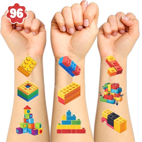 NALUKY (96pcs) Building Block Temporary Tattoo Stickers Birthday Decorations For School Rewards Gifts Boy Kids Girls Party Supplies Favors, 4,7 Inch x3.1 Inch, Green