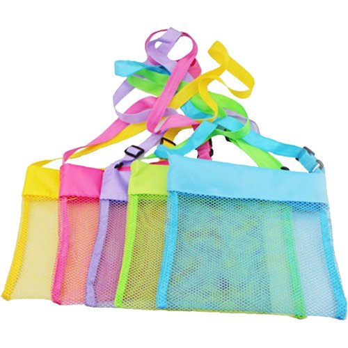 QIVSTAR 5 Packs Beach Bag Seashell Bag Colorfu Mesh Beach Bag Kids Shell Collecting Bag Beach Sand Toy Shell Bag for Holding Shells Beach Toys for Outdoor Beach