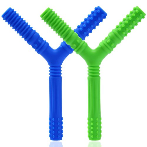 2 Pack Sensory Chew Hollow Teething Tubes, Y Style Teether Toys for Babies 3+ Months, Silicone Teether Tubes for Autistic Chewers, ADHD, Baby Nursing or Special Needs (Blue, Green)