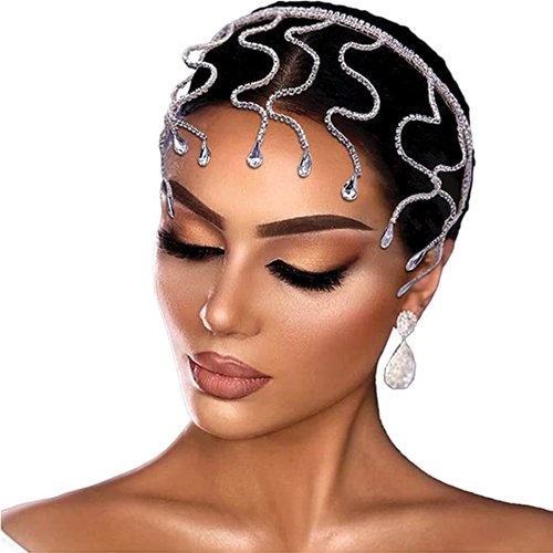 NAISKA Silver Crystal Rhinestone Head Chain Headband Wedding Tiara Fashion Headpieces Forehead Head Jewelry Crystal Headpiece Bridal Hair Accessories Birthday Party Jewelry for Women and Girls