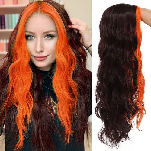 Amnenl Skunk Stripe Wig Long Brown Wavy Wig with Orange Highlight Synthetic Wigs for Women Daily ...