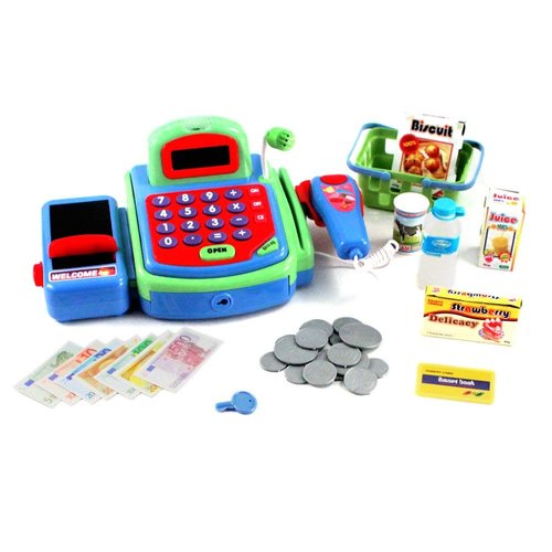 Velocity Toys My First Cash Register Pretend Play Battery Operated Toy Register w/ Microphone, Scanning Action, Calculator, Money, Groceries