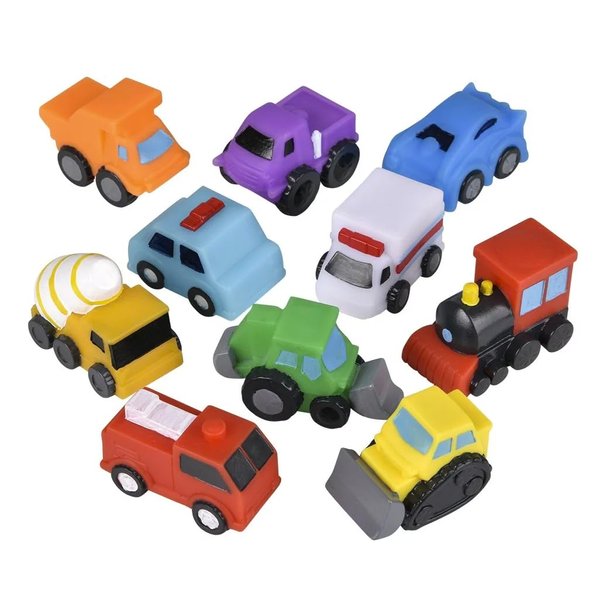 Rubber Vehicle Toy Assortment - Stress Relief, Fidget Toy, Party Favors, Treasure Chest, Goodie Bags, Bath Toys - Construction, Farm, Emergency, Cars, Trucks, and Trains - 10 Piece, Small