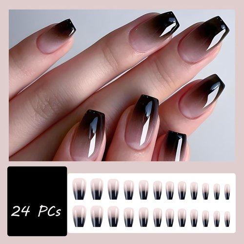 24 Pcs French Tip Press on Nails Short Coffin Black White Gradient Fake Nails with Design Full Cover Glossy Glue on Nails Reusable Artificial Nails for Women Girls Nail Decoration