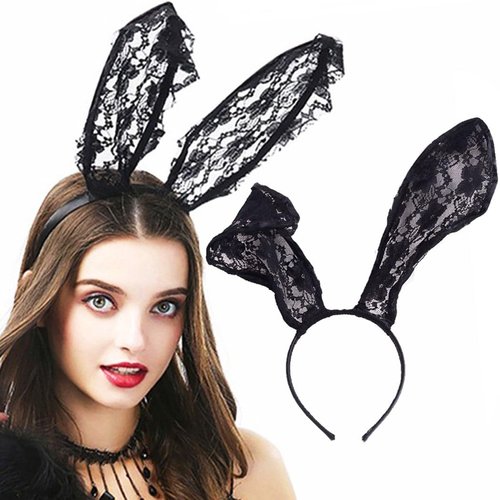 GORTIN Lace Bunny Ears Headband Black Sexy Bunny Hair Band Rabbit Ears Headpiece Halloween Masque...