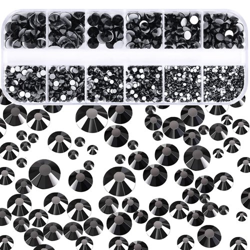 Dowarm 2650 Pieces Non Hotfix Glass Flat Back Crystal Rhinestones, 6 Sizes 1.5mm - 6.5mm, Glue Fix Flatback Crystals Loose Gemstones for Crafts Nail Face Art Clothes Jewels (Jet Black)