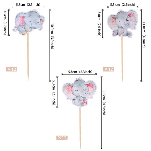 36 PCS Baby Elephant Cupcake Toppers Pink Elephant It's a Girl Cupcake Picks Decorations for Elephant Theme Gender Reveal Baby Shower Kids Girls Birthday Party Supplies