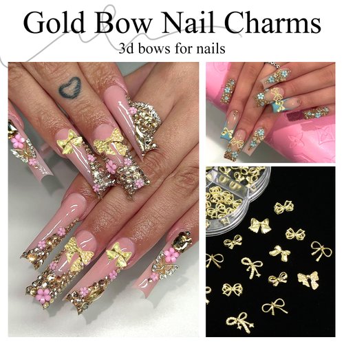 YAEISM Bow Nail Charms Gold 3D Bowknot Nail Bow Charms 70PCS Bow Nail Art Charms Kits with Glue Gel,Tweezer for Nail Art and DIY Crafts Decoration