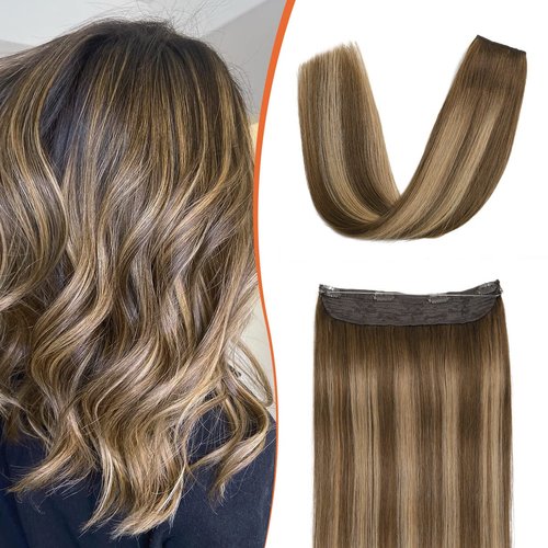 XDhair Wire Hair Extensions Real Human Hair Balayage Chocolate Brown to Caramel Blonde 18Inch 80 Grams Secret Wire Invisible Wire Hair Extensions(#4/27/4-18inch)