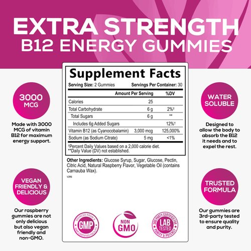 Vitamin B12 Gummies 3000 mcg, Extra Strength B 12 Gummy for Adults and Kids, B-12 Energy & Immune System Support Vitamins, Dietary Supplement, Raspberry Flavored, 30 Day Supply - 60 Count