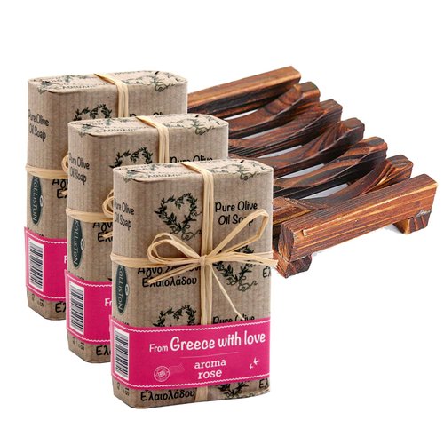 Kalliston, Olive Oil Soaps, Rose Aroma, Bows Gift Set, All Natural Soaps, Made in Ancient Crete, Greece, 3 pack Soap & Holder