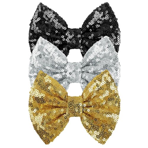 Ipetboom 3Pcs Glitter Bow Hairpin Black Gold Sliver Bling Hair Bows Sparkling Sequin Bow Tie Hair Clip Girls Hair Bows for Girls Hair Accessories