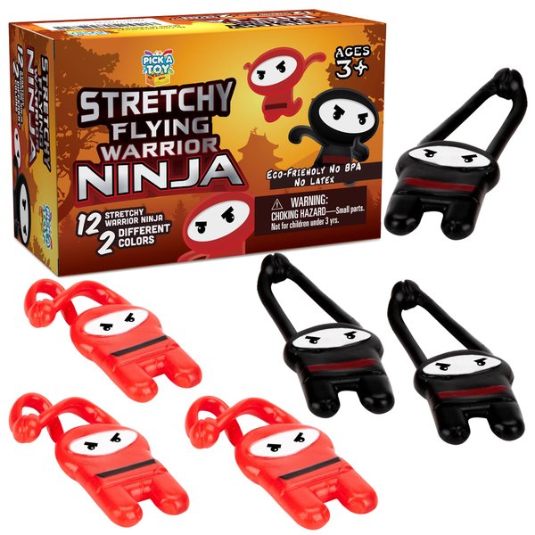 PICK A TOY Stretchy Flying Ninjas [12-Pieces] | Elastic Slingshot Ninja Toys for Boys & Girls | Great Birthday Party Favors Idea | Red & Black Colors | Eco-Friendly, BPA-Free Materials