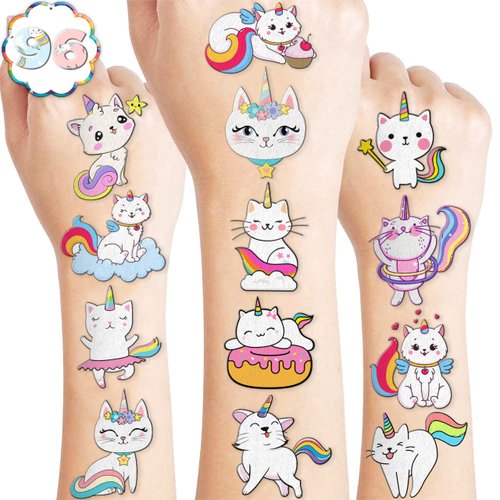 105 PCS Caticorn Cat Unicorn Temporary Tattoos Themed Birthday Party Supplies Decorations Favors Decor Funny Cute Cartoon Rainbow Meowgical Tattoo Stickers Gifts For Boys Girls Classroom Rewards