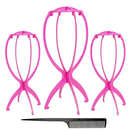 Le Opeia 3 Pack Wig Stand, Wig Head Stand, Wig Holder, Portable Collapsible Wig Holder for Short Wigs and Hats, 14.2 inches wig stand with professional Salon Comb (PINK)