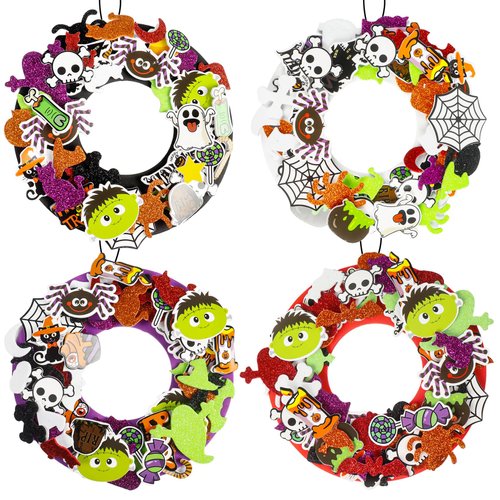 Tnoeuz 8 Pack Halloween Wreath Craft Kit for Kids Halloween Wreath Craft Supplies Foam Sticker DIY Halloween Arts and Crafts for Boys Girls for Halloween Party Activities Home Classroom Art Ornament