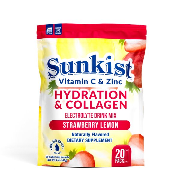 The Frozen Bean Sunkist Collagen + Hydration Strawberry Lemon Electrolyte Drink Mix (Pack of 20), Energy Drink with Electrolytes, Vitamin C, Zinc Collagen Peptides