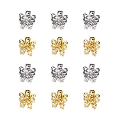 YISSION 12PCS Hair Clips for Women & Girls - Cute Mini Flower Barrettes in Gold & Silver Metal, for Thin & Thick Hair