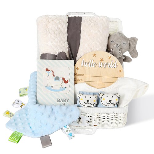 Baby Gift Set, Baby Shower Gifts for Boys, 8PCS Unique Shower Basket Essential Stuff with Blanket Baby Socks & Elephant Rattle Toy Milestones Set, Baby Gifts for Boys