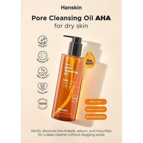 Hanskin AHA Pore Cleansing Oil for Dry Skin, Exfoliating, Waterproof Makeup Remover Facial Cleanser, Moisturizing for Soft Skin, Korean Skincare [AHA/10.14 oz.]