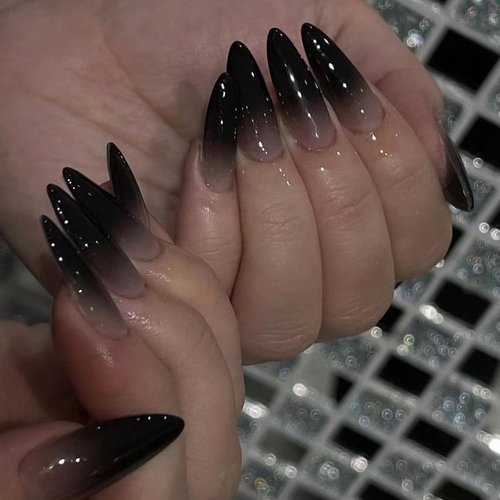 Black Press on Nails Medium Almond Fake Nails Gothic False Nails Black Ombre Acrylic Nails Glossy Glue on Nails Stiletto Artificial Nails Goth Gradient Stick on Nails for Women Girls Manicure 24 pcs