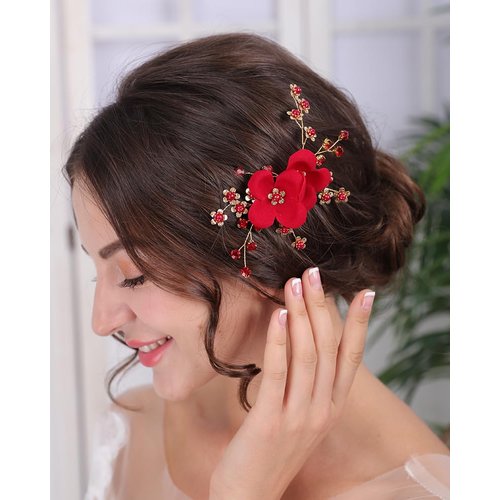 Rumtock Soft Red Flower Hair Clip Wedding Bridal Hair Jewelry Side Headpiece for Women Girls Banq...