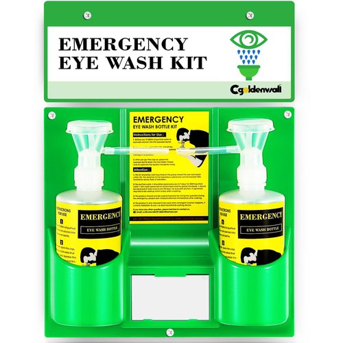 CGOLDENWALL Eye Wash Station Portable Eye Wash Kit for Emergency, Wall Mounted Eyewash Station, 16.09oz Capacity per Bottle, with Mirror & Emergency Sign, Safety Material, NO Solution