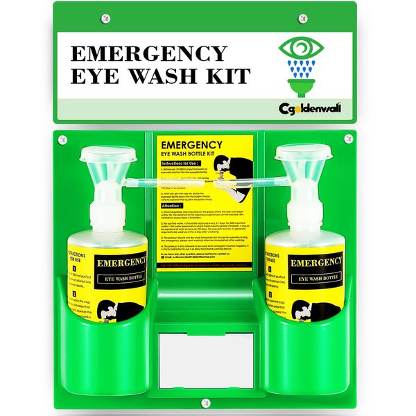 CGOLDENWALL Eye Wash Station Portable Eye Wash Kit for Emergency, Wall Mounted Eyewash Station, 16.09oz Capacity per Bottle, with Mirror & Emergency Sign, Safety Material, NO Solution