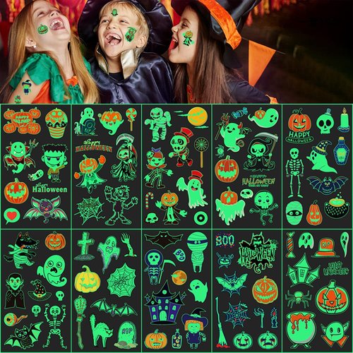 Luminous Halloween Temporary Tattoos for Kids, Glow Halloween Decorations Birthday Party Favors Supplies, Luminous Pumpkin/Candy/Ghost Tattoo Stickers for Party (Luminous-Tattoos-A)