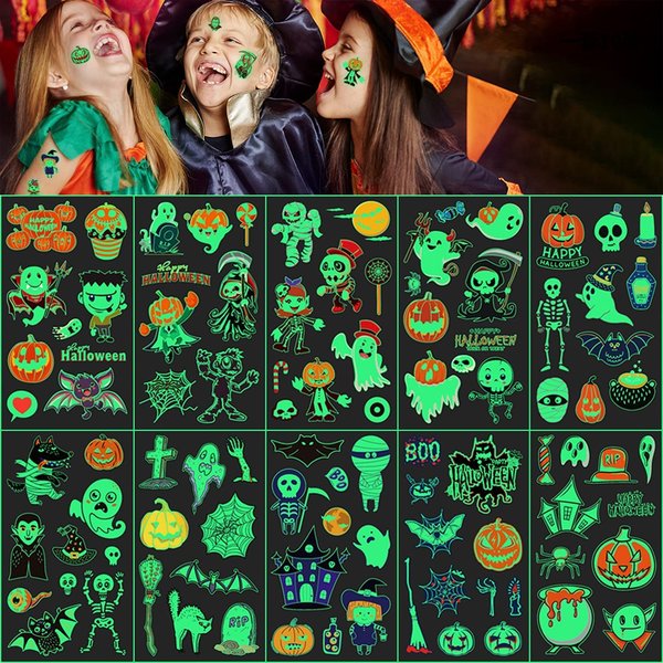 Luminous Halloween Temporary Tattoos for Kids, Glow Halloween Decorations Birthday Party Favors Supplies, Luminous Pumpkin/Candy/Ghost Tattoo Stickers for Party (Luminous-Tattoos-A)